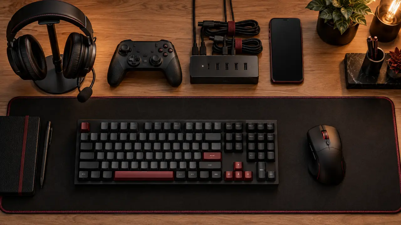 Accessoires gaming : casque, manette et souris sur bureau pour confort et contrôle