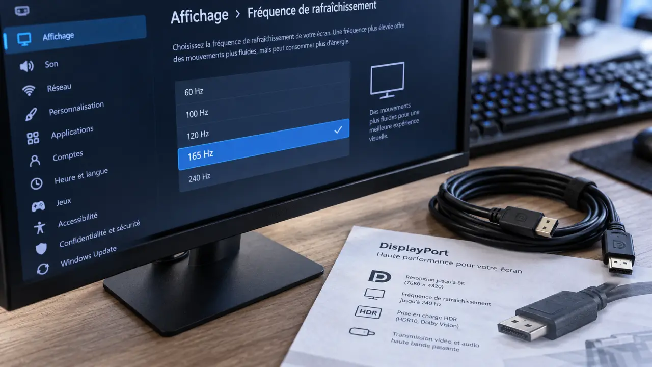 Écran 165 Hz : menu Windows et DisplayPort pour fluidité