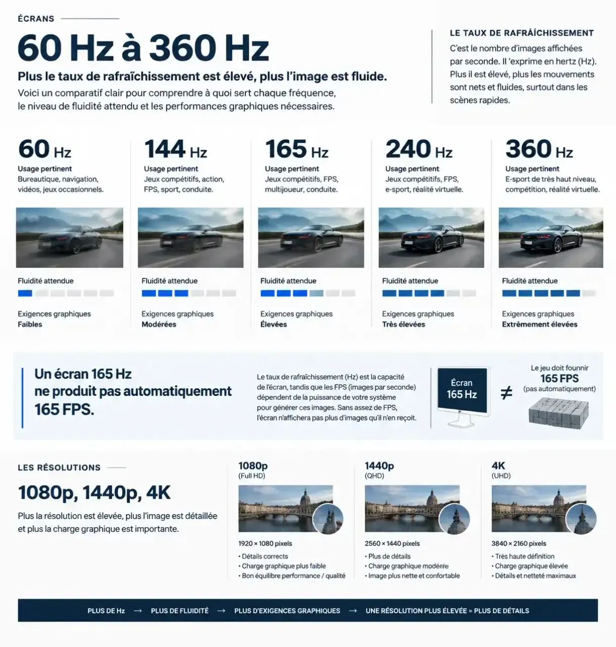Infographie comparative pour choisir un écran 165 Hz face aux fréquences 60 Hz, 144 Hz, 240 Hz et 360 Hz