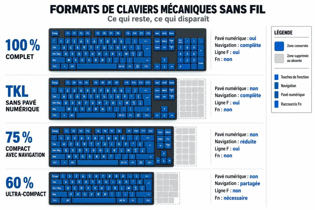 Comparaison des formats de clavier sans fil mécanique complet, TKL, 75 % et 60 %