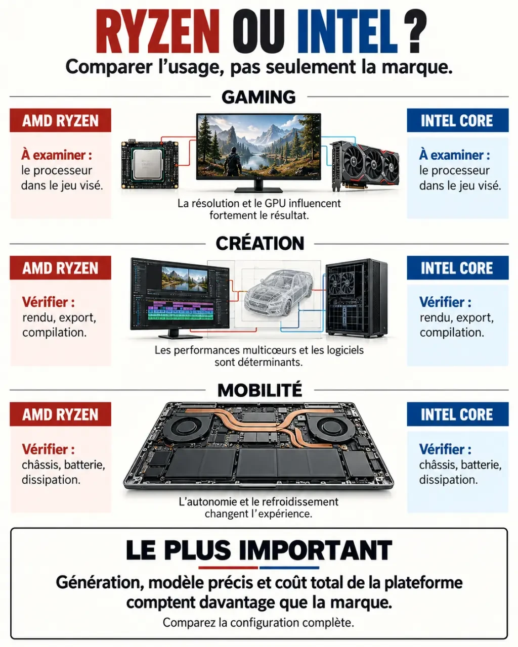 Infographie comparative Ryzen ou Intel selon le gaming, la création, la mobilité et le coût total
